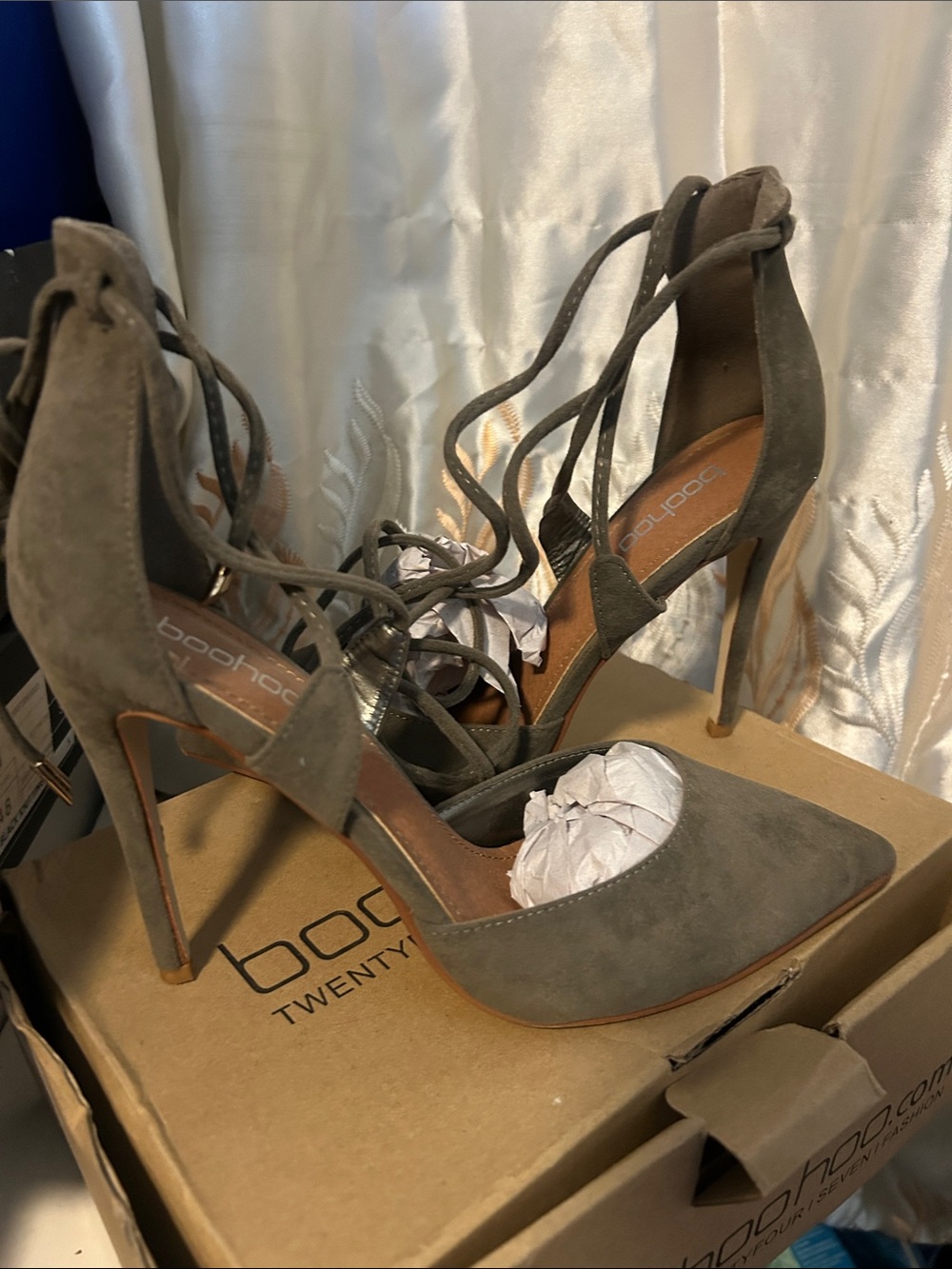 Boohoo Olive Green Lace-Up Pointed Toe Stiletto Heels